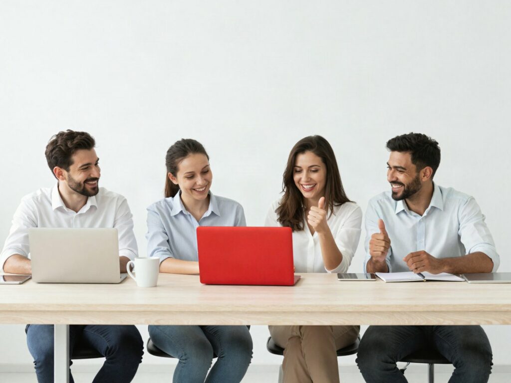 Équipe souriante devant un ordinateur portable — support informatique Multiserve à Bruxelles